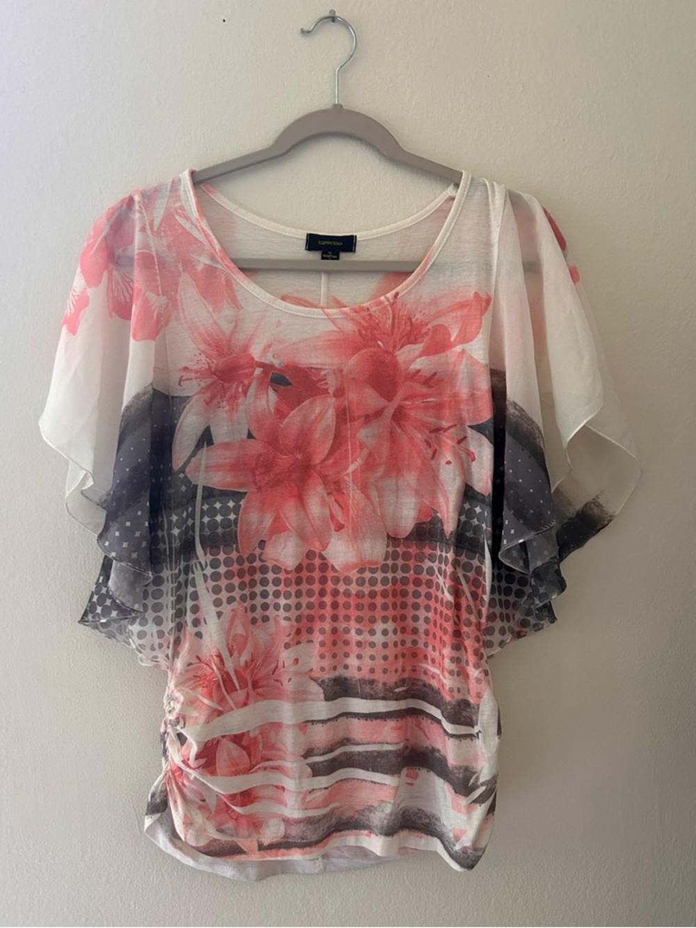Espresso Y2K Coral Floral Sheer Flutter Sleeve Vintage Butterfly Top Blouse